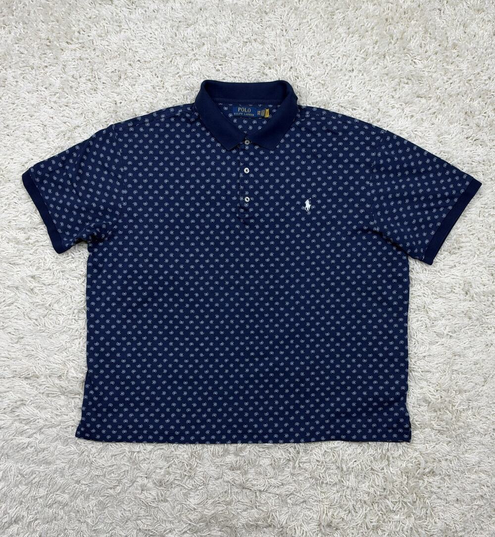 Polo Ralph Lauren Polo Shirt Mens 2XB Big Navy Blue Geometric Print Cotton Pony